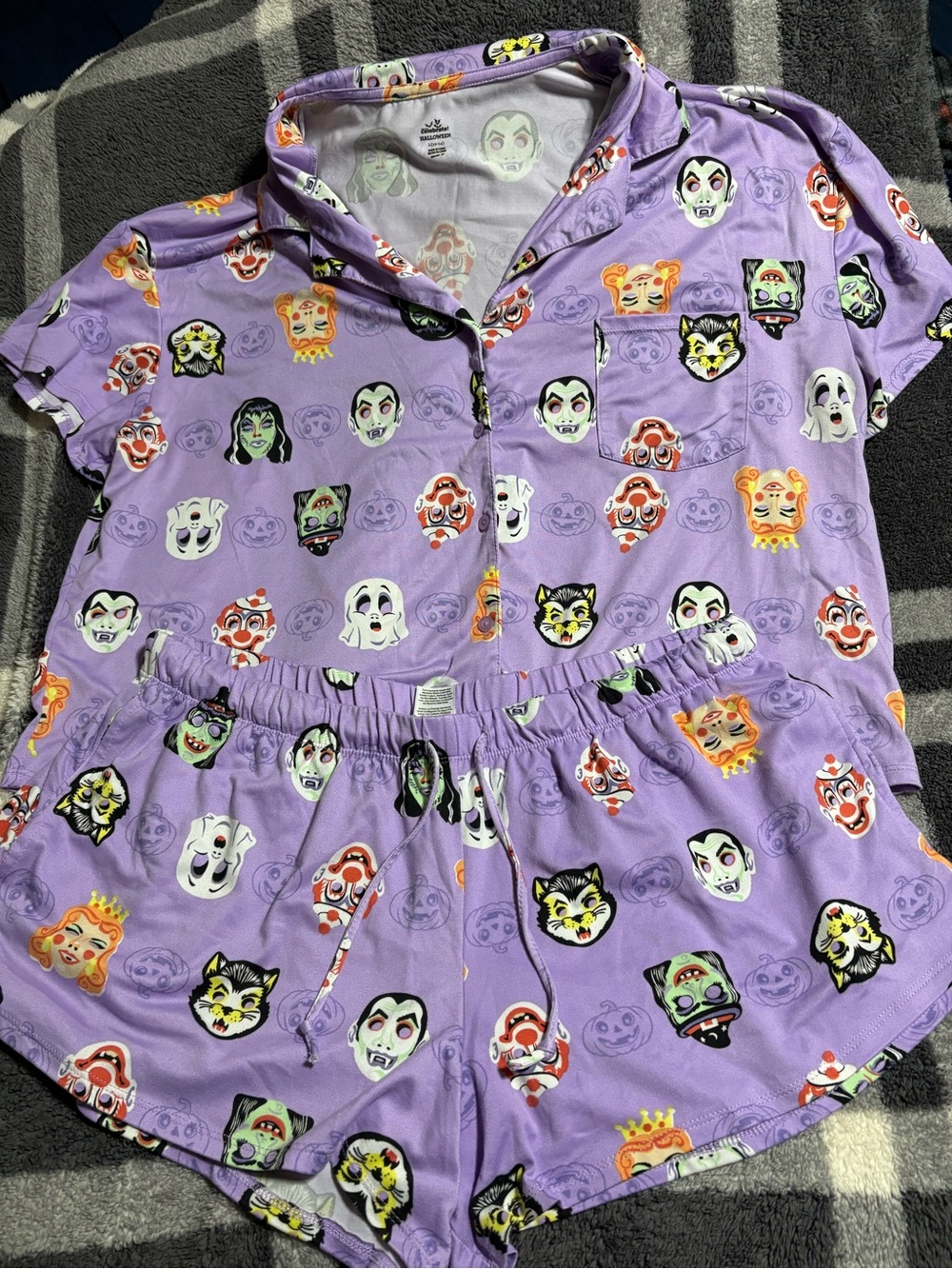 Purple Halloween Face Print Pajama Set